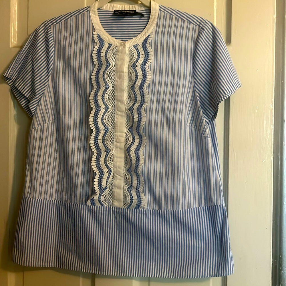 Karl Lagerfeld Blue and White striped short sleeved blouse with lace front